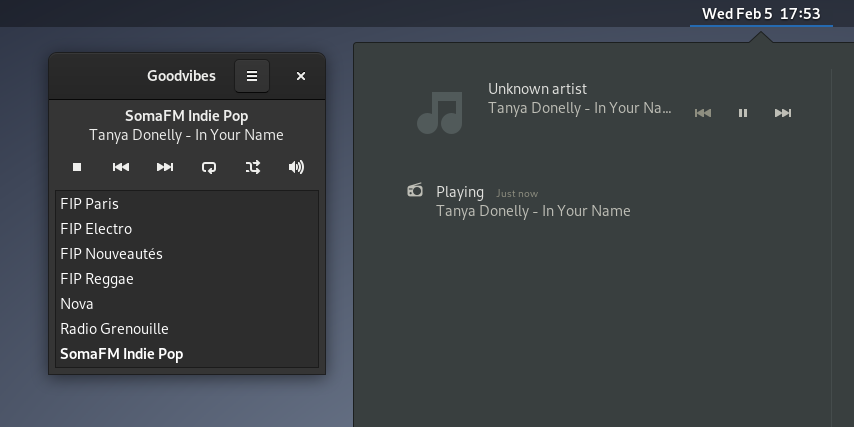 Main window, dark theme, notification area (GNOME 3.30)