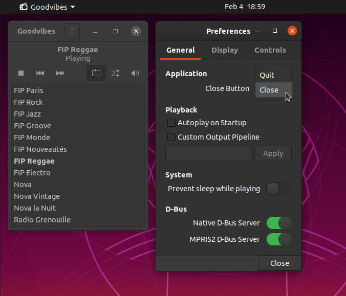 Main and preferences windows, dark theme (Ubuntu 19.10)